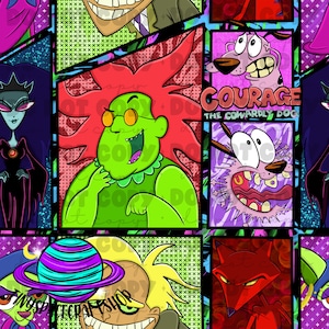 Puede incluir: Una ilustración colorida de estilo cómic con personajes de la caricatura "Courage el perro cobarde". Los personajes incluyen a Courage, Muriel, Eustace y el villano Dr.  La imagen está sobre un fondo de colores brillantes y patrones.