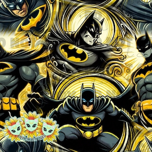 Può includere: Un motivo senza cuciture con più immagini di Batman in varie pose. Lo sfondo è un design a spirale giallo e nero. I personaggi di Batman sono in nero e giallo.
