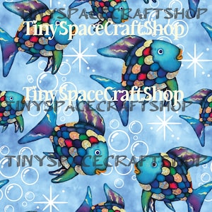 May include: A seamless pattern featuring colorful, iridescent fish with blue, green, purple, and gold scales. The fish are swimming in a light blue background with white bubbles and stars. The text "Tiny Spacecraftshop" is repeated throughout the pattern.