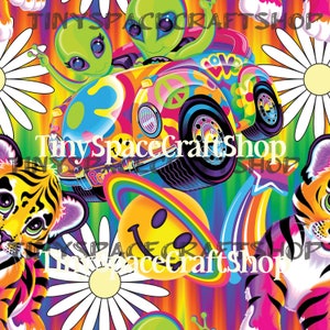 May include: A colorful psychedelic pattern featuring a green alien driving a peace sign decorated car, a smiley face planet, and two tiger cubs. The background is a rainbow gradient with white daisies.