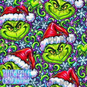 May include: A repeating pattern featuring the green face of a character wearing a red and white Santa hat, interspersed with white snowflakes, bright purple swirls, and green hearts against a dark background with the text TINYSPACE CRAFTSHOP.