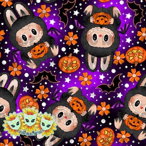 Könnte beinhalten: Ein sich wiederholendes Muster mit Cartoon-Charakteren in schwarzen Hasenkostümen, die orangefarbene Kürbislaternen halten. Der Hintergrund ist ein Farbverlauf aus Lila und Weiß mit orangefarbenen Blumen, Fledermäusen und Sternen.