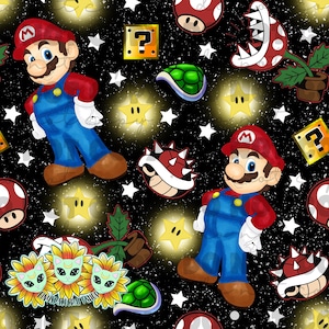 May include: A repeating pattern featuring the character Mario in a red hat and blue overalls, along with other Super Mario Bros. elements like mushrooms, stars, and question mark blocks, set against a black background.