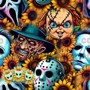May include: A colourful pattern featuring various horror movie masks, including Freddy Krueger, Jason Voorhees, and Michael Myers, set against a background of sunflowers.