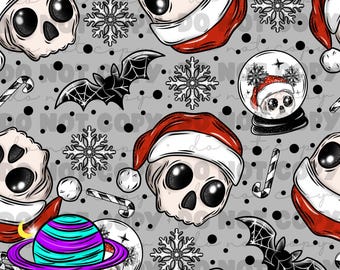 May include: A seamless pattern featuring a gray background with black, white, and red elements. The pattern includes skulls wearing Santa hats, snowflakes, bats, candy canes, and a snow globe with a skull inside. The pattern is perfect for holiday crafts and projects.