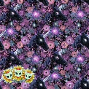 May include: A repeating pattern featuring black unicorns with silver horns and starry eyes, surrounded by purple and pink flowers and bursts of light. The design includes the text "tinyspacecraftshop" on a sunflower graphic.