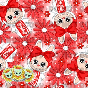 May include: A repeating pattern featuring cartoon bunnies in white fur suits with red bows, holding Coca-Cola cans. Red daisies and small flowers are scattered across a gradient red background. The text "Coca-Cola classic" is visible on the cans.