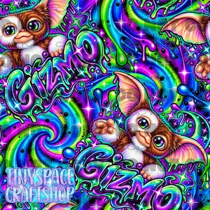 May include: A vibrant digital pattern featuring the character Gizmo with large eyes and brown fur, surrounded by neon purple, blue, and green graffiti-style text that reads GIZMO, set against a swirling cosmic background with stars and drips.