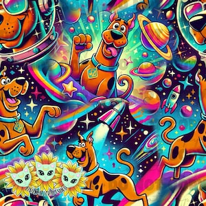 May include: A colorful, psychedelic pattern featuring a cartoon dog in a space suit, a rocket ship, planets, and stars. The dog is wearing a space helmet and has a big smile on its face. The background is a dark blue with bright colors and swirls.