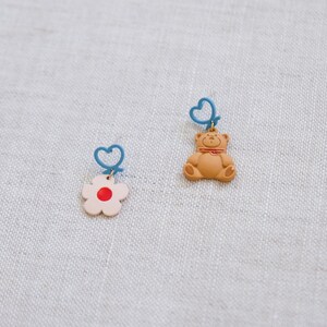 Bear and flower earrings, cute earrings, asymmetric earrings