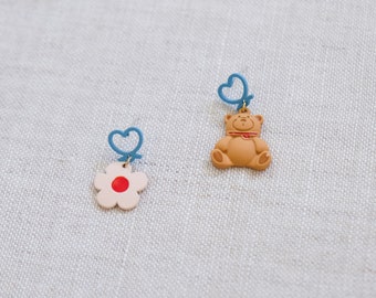 Bear and flower earrings, cute earrings, asymmetric earrings