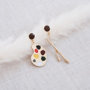Painter earrings, palette earrings, brush earrings, asymmetric earrings, fun creative earrings