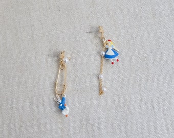 Blue princess and bunny earrings, asymmetric earrings, princess earrings, bunny earrings