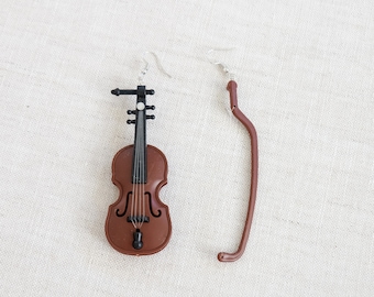 Asymmetric Violin Earrings, Handmade Musical Jewelry