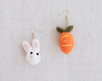 Pendientes de conejo y zanahoria, pendientes de conejo, pendientes de zanahoria, pendientes de animales, pendientes de comida