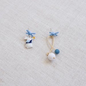 Blue and white asymmetric bunny earrings, girly earrings, fairy tale earrings