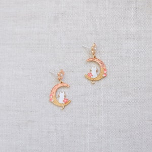 Pink moon and cat earrings, girl&#39;s earrings, dreamy earrings