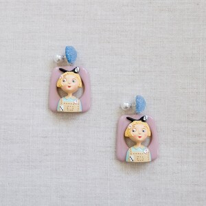 Pink frame yellow hair little girl earrings, character earrings, super cute earrings [ handmade limited edition ]