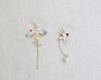 Pendientes asimétricos para mujeres - Pendientes japoneses con clase diseñados como grúa y ventilador - Ventilador temático japonés y pendientes de grúa