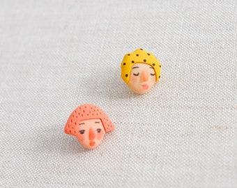 Cartoon girl earrings, cute earrings, asymmetric earrings,