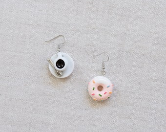 Coffee cup donut earrings, cute asymmetric earrings, food earrings