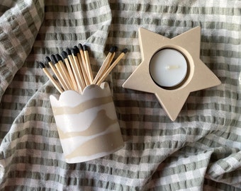 NEW SET Beige Star Tea Light Holder and Match Stick Pot