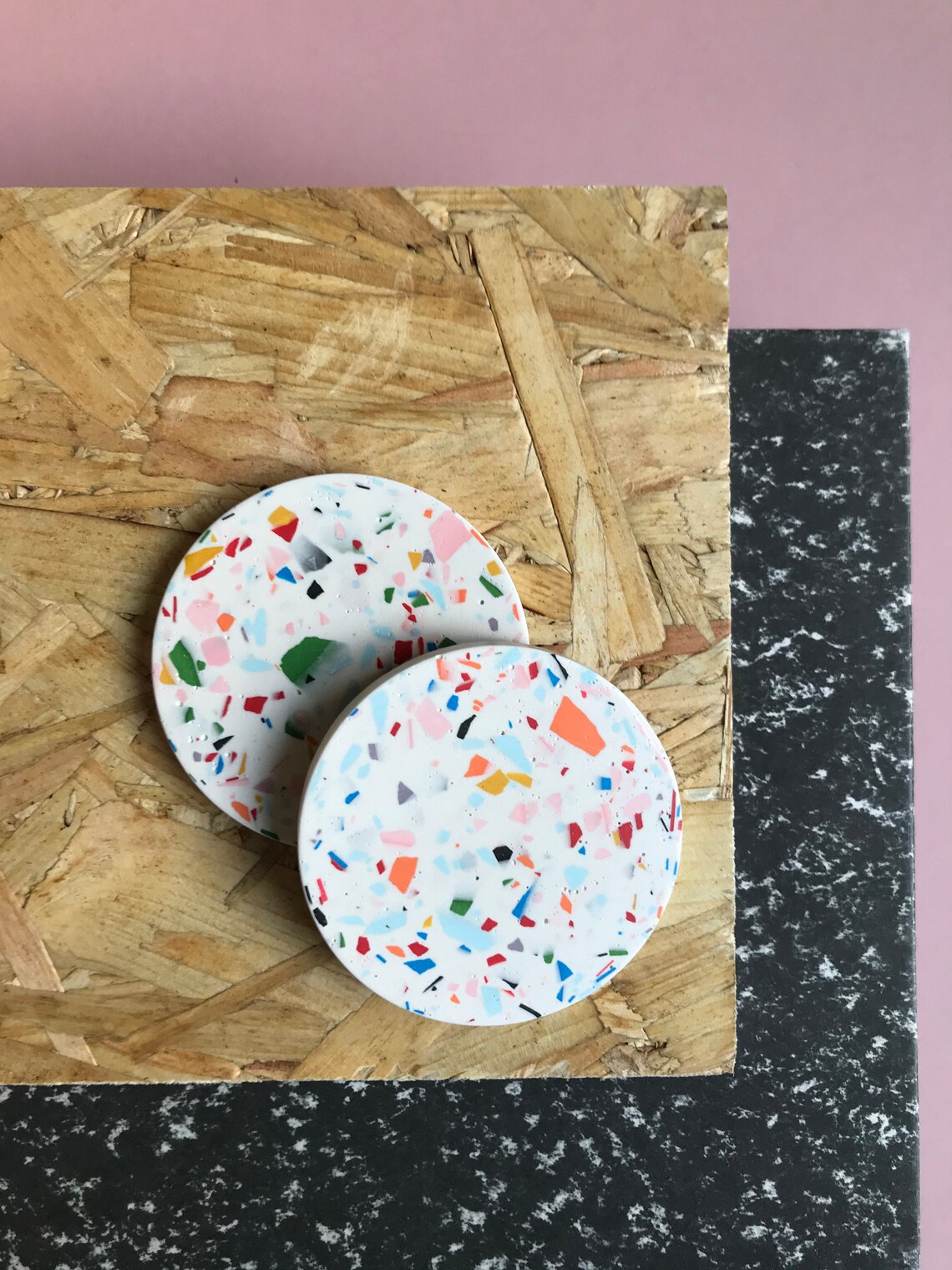 White Primary Rainbow Jesmonite Terrazzo Circle Coasters/ Etsy