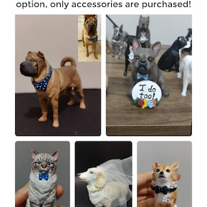 May include: A collection of custom-made dog figurines with various accessories, including a bow tie, bandana, collar, and veil. The figurines are made of a light brown, gray, and white material. The figurines are standing on a wooden surface. The text "I do too!" is written on a small sign in front of one of the figurines.