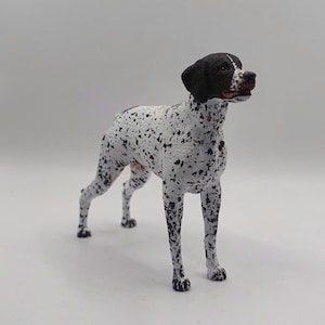 Puede incluir: Una figurita de Braco Alemán de Pelo Corto en blanco y negro. La figurita está de pie sobre una superficie blanca y mira hacia la derecha. El perro tiene pelo negro en la cabeza y la cola, y pelo blanco con manchas negras en el cuerpo.