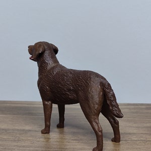 May include: A chocolate brown Labrador Retriever dog figurine. The figurine is standing on a wooden surface and is looking up.