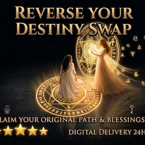 May include: A digital graphic featuring the text REVERSE YOUR DESTINY SWAP and CLAIM YOUR ORIGINAL PATH & BLESSINGS. Two figures in white dresses stand within glowing golden circular symbols with mystical markings, surrounded by floating icons.