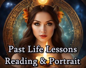 May include: A woman with long brown hair holds a lit candle in front of a golden celestial background. The text "Past Life Lessons Reading & Portrait" is displayed below the woman.