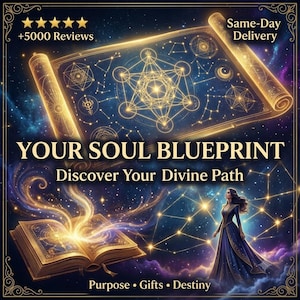 May include: A digital graphic featuring a glowing scroll with sacred geometry, an open book emitting golden light, and a woman in a blue gown against a starry sky. Text includes: +5000 Reviews, Same-Day Delivery, YOUR SOUL BLUEPRINT, Discover Your Divine Path, Purpose, Gifts, Destiny.
