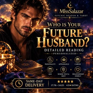 May include: A digital graphic for a psychic reading service titled Who Is Your Future Husband? Detailed Reading. It features a man, a deck of tarot cards, and icons for personality, appearance, career, age, location, and relationship energy.