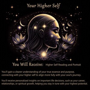 May include: A digital illustration of a woman's face with stars and a crescent moon in her hair. The background is black with a lotus flower on each side. The text "Your Higher Self" is at the top of the image and the text "You Will Receive: Higher Self Reading and Portrait" is at the bottom of the image.