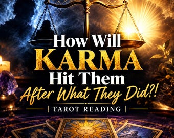May include: A tarot reading graphic featuring a central golden scale of justice against a dark, celestial background. The text reads: How Will KARMA Hit Them After What They Did?! TAROT READING. Three tarot cards are displayed at the bottom.