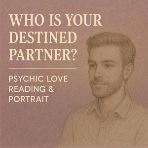 May include: A pencil sketch on a mauve background displays the text "WHO IS YOUR DESTINED PARTNER?" above "PSYCHIC LOVE READING & PORTRAIT." A sketched portrait of a man with short hair and a beard is on the right side of the image.