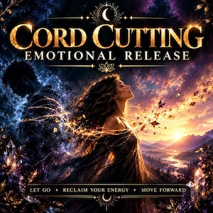 May include: A digital illustration titled CORD CUTTING EMOTIONAL RELEASE featuring a person in a dark dress standing before a silhouette, with the text LET GO, RECLAIM YOUR ENERGY, MOVE FORWARD at the bottom, set against a sunset landscape with crystals.