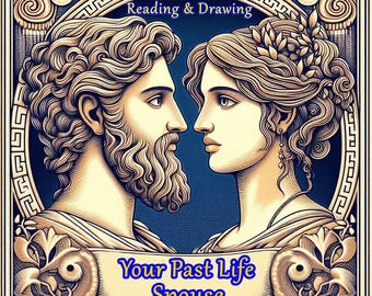 May include: A digital illustration of a couple looking at each other. The man has a beard and the woman has a flower crown. The text "Your Past Life Spouse" is below the couple.