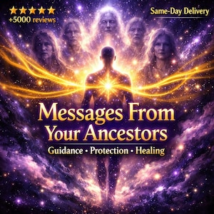 May include: Digital art featuring a glowing figure with a bright light emanating from the chest, surrounded by celestial beings and a starry background. Text reads "Messages From Your Ancestors" with "Guidance • Protection • Healing" below.