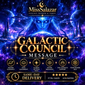Peut inclure: Un graphique numérique pour MissSalazar Psychic Reader & Tarot avec une scène cosmique bleue, une figure centrale, des soucoupes volantes et le texte Galactic Council Message, Higher Guidance, Soul Alignment, Clarity on Your Path, Divine Messages, The Council's Support, Your Higher Self et Same-Day Delivery.