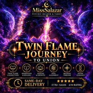 Può includere: Un grafico digitale per MissSalazar Psychic Reader & Tarot con uno sfondo di nebulosa viola e oro e due profili che si guardano. Il testo recita Twin Flame Journey To Union, con icone per connessione, guarigione, crescita e guida divina.