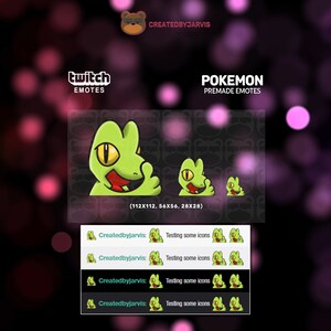 Pode incluir: Um conjunto de quatro emotes do Twitch que apresentam um lagarto verde de desenho animado com uma língua vermelha. Os emotes são de tamanhos diferentes, sendo o maior de 112 pixels por 112 pixels. Os emotes são rotulados como "Pokemon Premade Emotes" e "Createdbyjarvis".