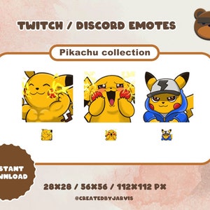 Puede incluir: Tres versiones diferentes de un emoji de Pikachu para Twitch o Discord. Los emojis están en diferentes poses y presentan colores amarillos y negros. Los emojis están disponibles en tres tamaños: 28x28, 56x56 y 112x112 píxeles.