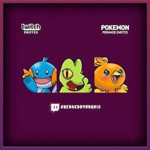 May include: Three cartoon Pokemon characters, a blue and orange fish, a green lizard, and an orange bird, with the text "Twitch Emotes" and "Pokemon Premade Emotes" above them and "Created by Jarvis" below them.