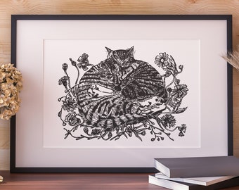 Original cat linocut print. A4 black and white. Cats amongst wildflowers artwork