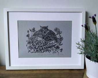 Original cat linocut print. Black ink on Grey Pastel Paper. Limited Edition. Cat Wall Art Print