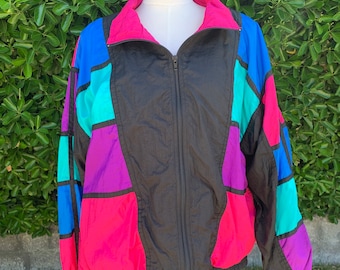 Bright Colorful Circa 80s-90s Vintage Windbreaker, Bomber Jacket, Color-Blocking Picasso Inspired Nylon Windbreaker