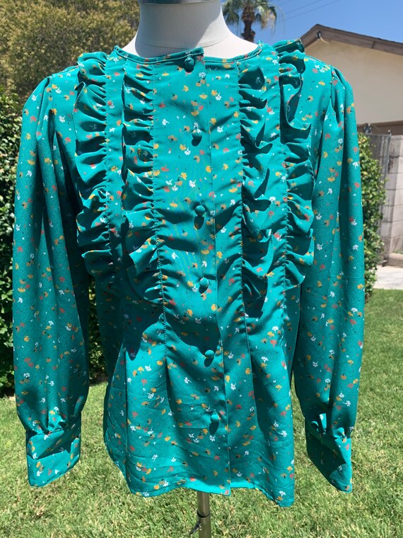 Vintage 70s-80s Green Ruffle Blouse - image 2