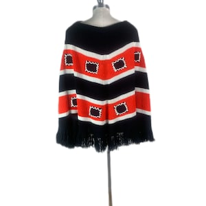 Vintage Handmade Knit Poncho, Grandma Chic Poncho, 70s Fringe Poncho
